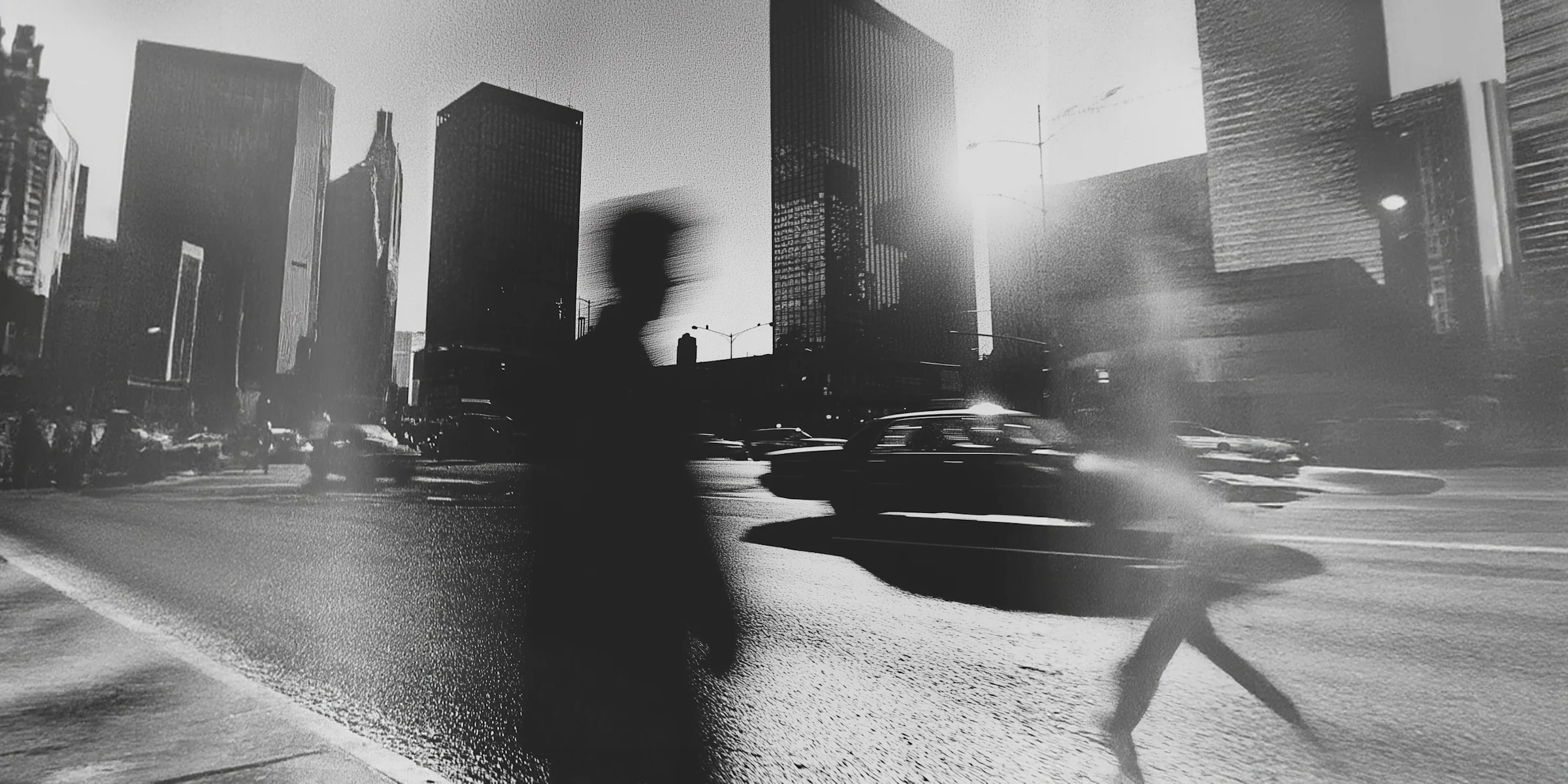 Black-and-white city scene with moving pedestrians